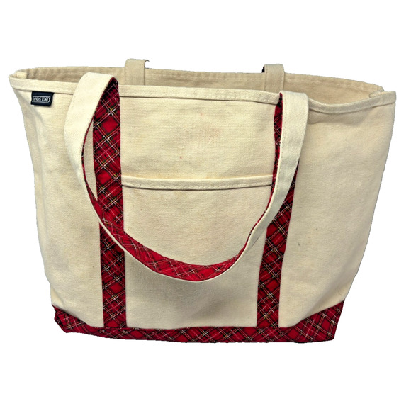 Vintage 90s Lands End Canvas Boat Tote Beach Travel Bag Cream Red Plaid Large - Picture 1 of 8